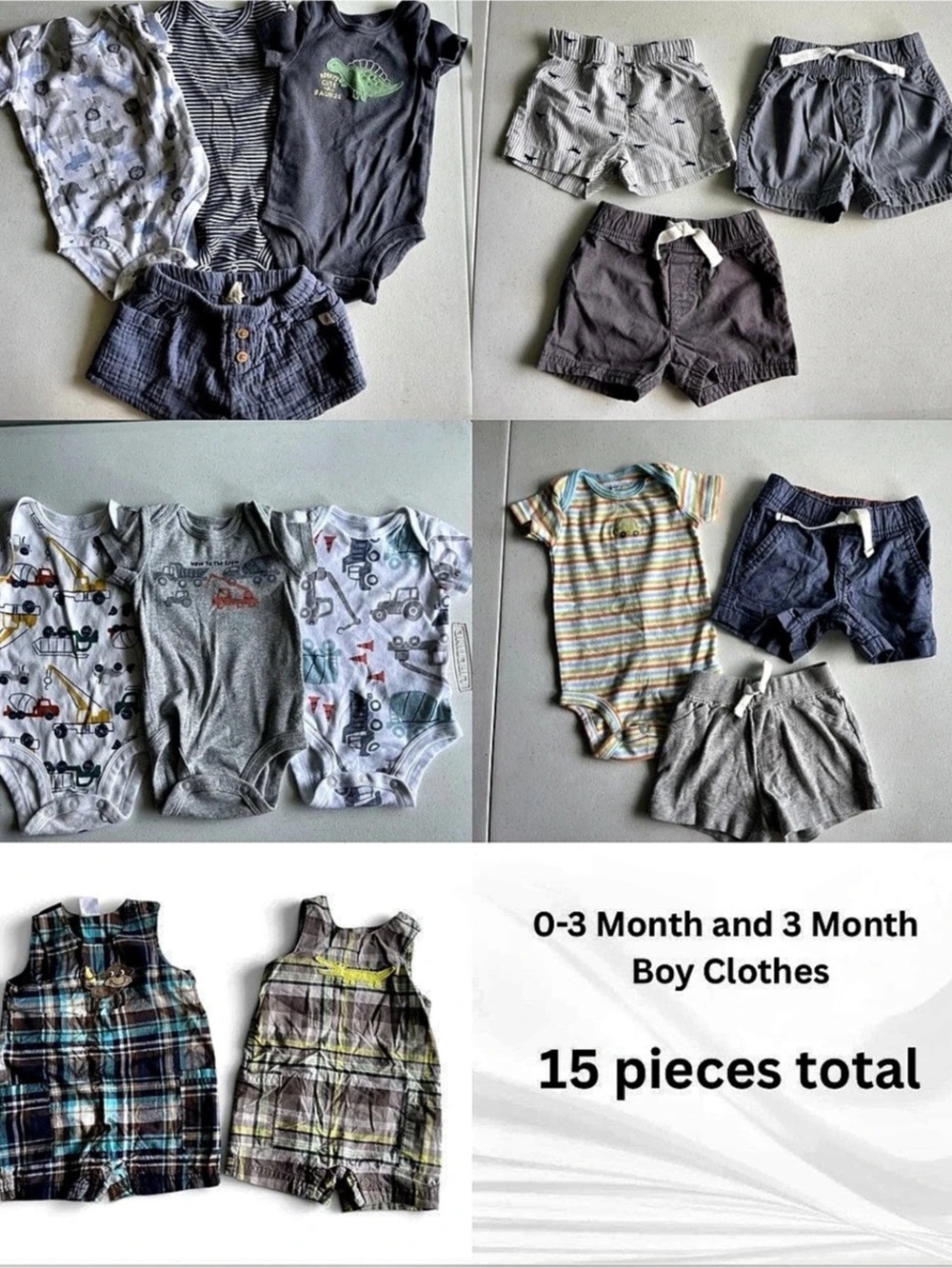 Carter’s Baby Boy Clothes Bundle 0-3M 3M 15 Pc Bodysuits Shorts Rompers